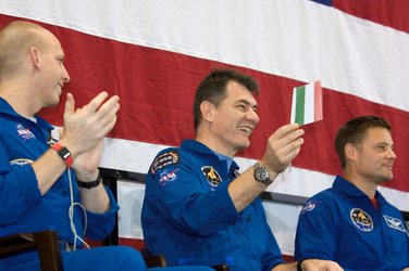 Paolo Nespoli during the Discovery crew's welcome home ceremony at Houston's Ellington Field