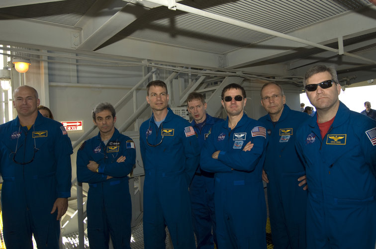 STS-122 mission crew during second day of Terminal Countdown Demonstration Test activities at NASA Kennedy Space Center, Florida