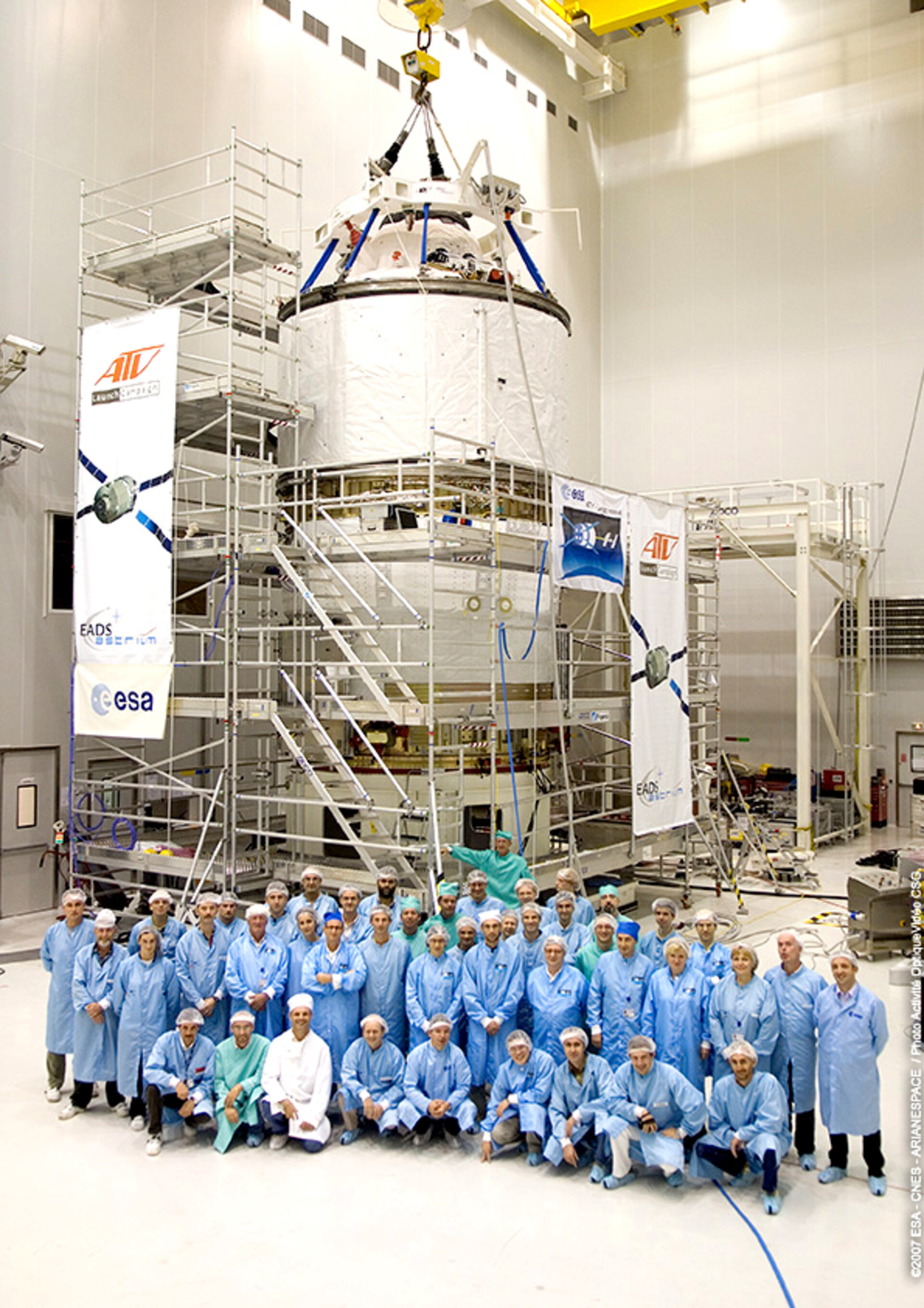 Members of the ATV launch integration team with Jules Verne before fuelling operations got underway in Kourou