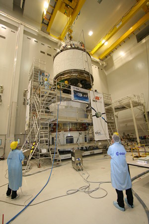Two halves of the ATV are mated ready for launch