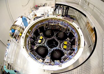 View into the Jules Verne Avionic Bay as the spacecraft is prepared for launch at Europe's Spaceport in Kourou