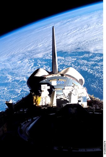 A view of Columbus in Atlantis' payload bay during the two day journey to the International Space Station