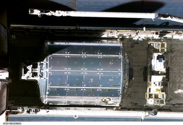 A view of the European Columbus laboratory and the external payload facilities inside Atlantis' payload bay
