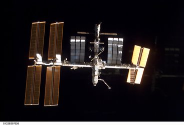 A view of the ISS as Space Shuttle Atlantis' approaches for docking on 9 February 2008