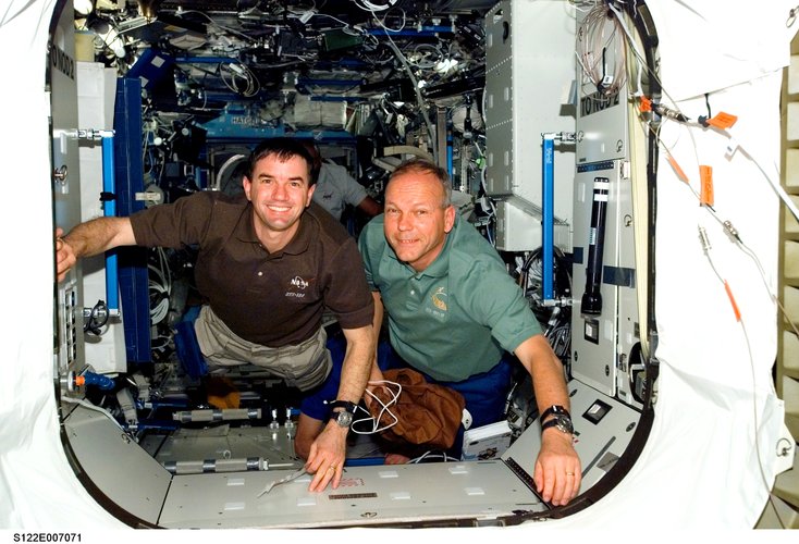 Hans Schlegel and Rex Walheim shortly after arrival at the International Space Station