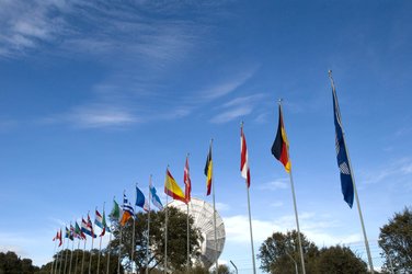 The Villafranca VIL-2 15m S-band antenna with flags of the 17 member states of ESA