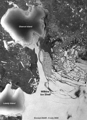 Annotated image of Wilkins Ice Shelf acquired on 9 July 2008