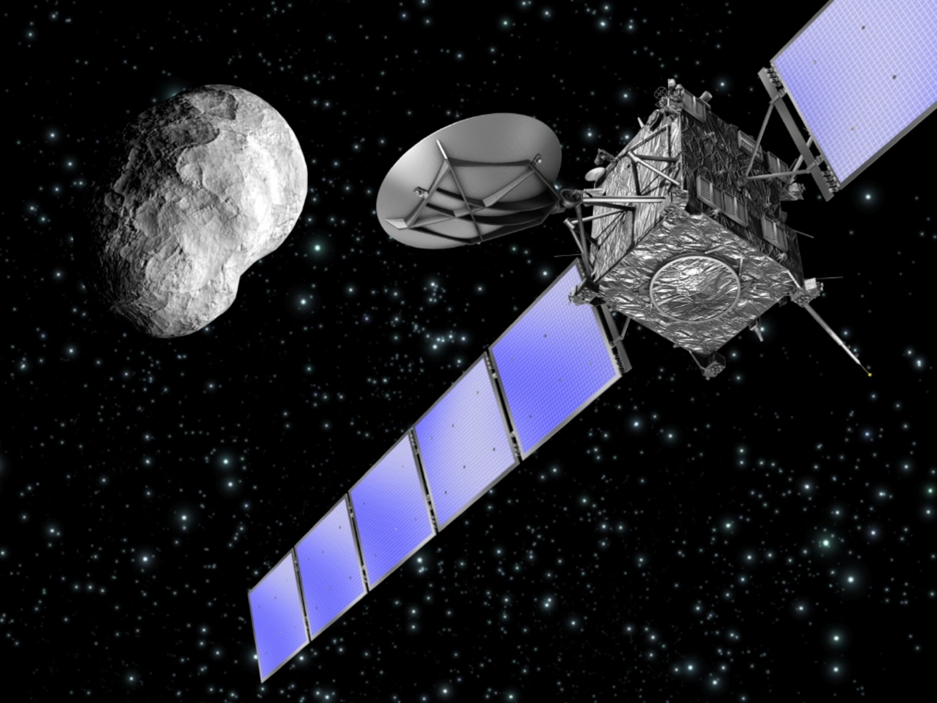 Artist’s impression of Rosetta as it flies by asteroid Steins