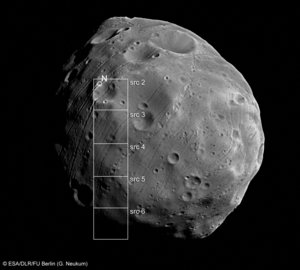 Image of Phobos with footprints of the Super Resolution Channel