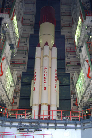 PSLV-C11's strap-on boosters fully assembled on first stage