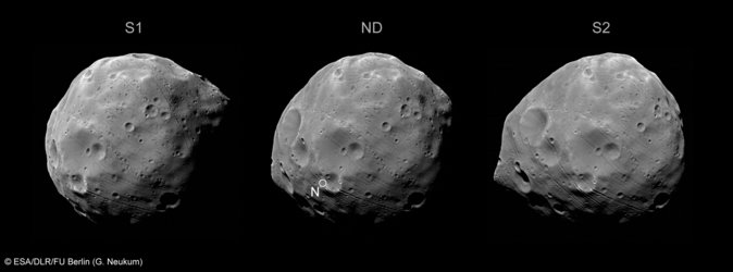 Three views of Phobos