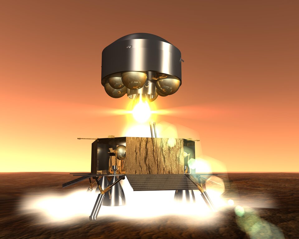 Artist impression of lift-off of ESA's Mars Ascent Vehicle, part of the Mars Sample Return mission