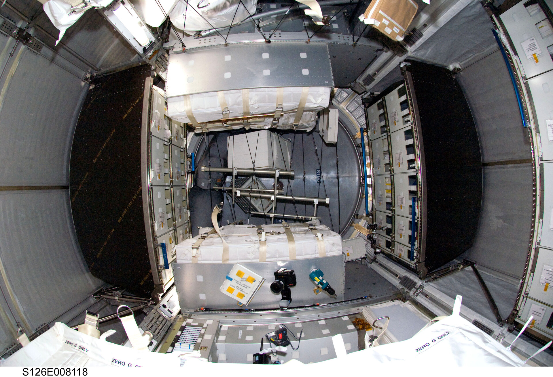Interior view of the Italian-built Leonardo Multi-Purpose Logistics Module attached to the ISS