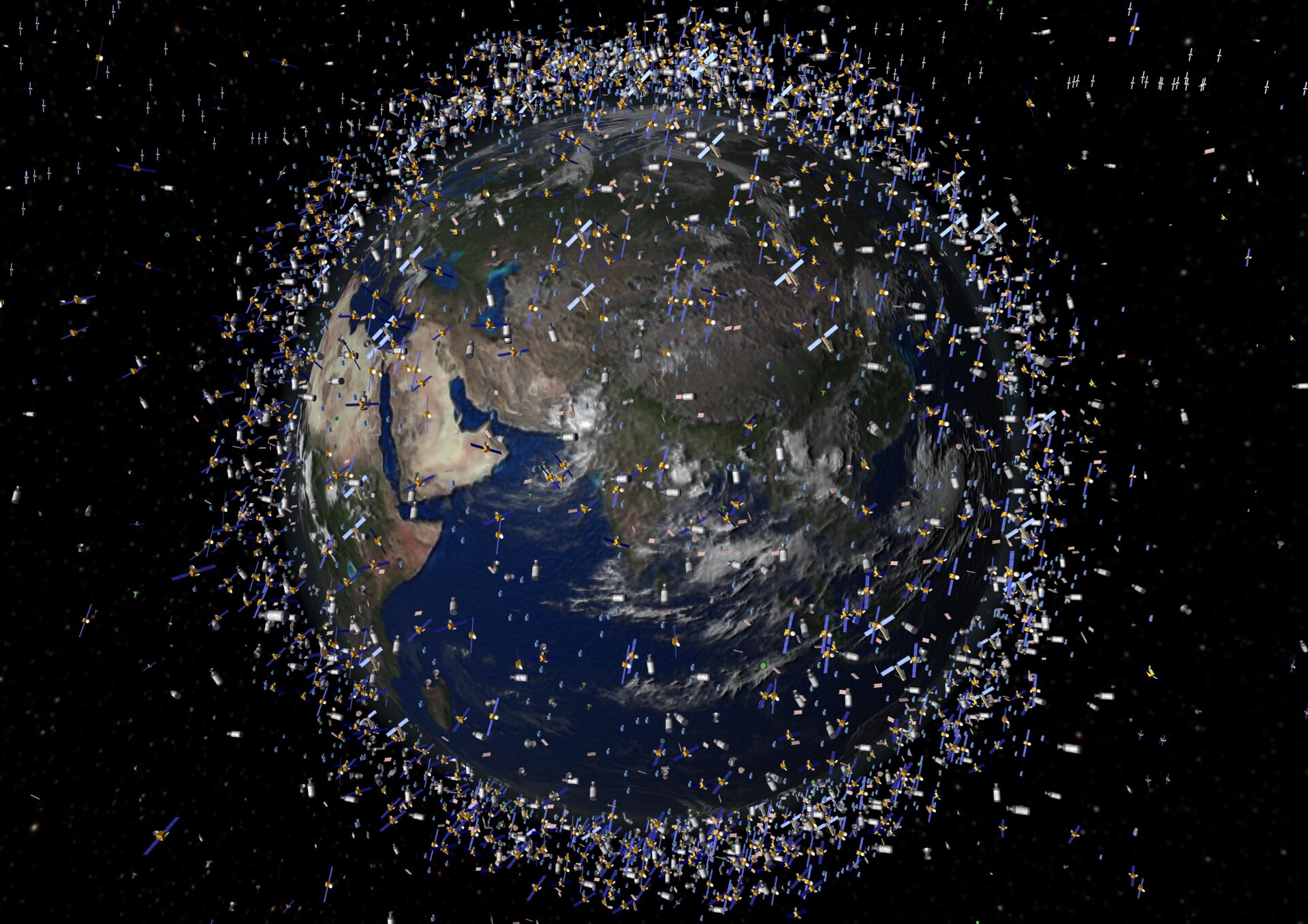 Representation of known satellites and objects orbiting Earth