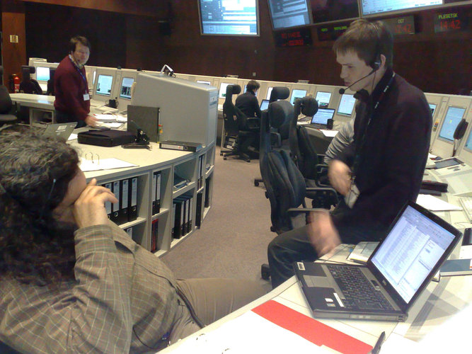 Deputy Spacecraft Operations Manager Christoph Steiger (R) in Main Control Room