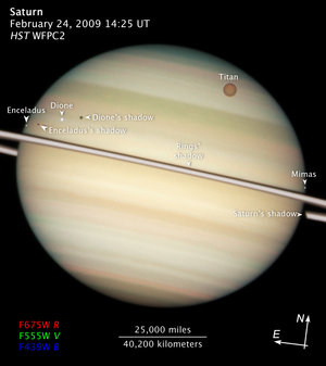 Zooming in on Saturn and four of its moons