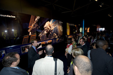 ESA staff receive a guided tour of the ESA Pavilion at Le Bourget