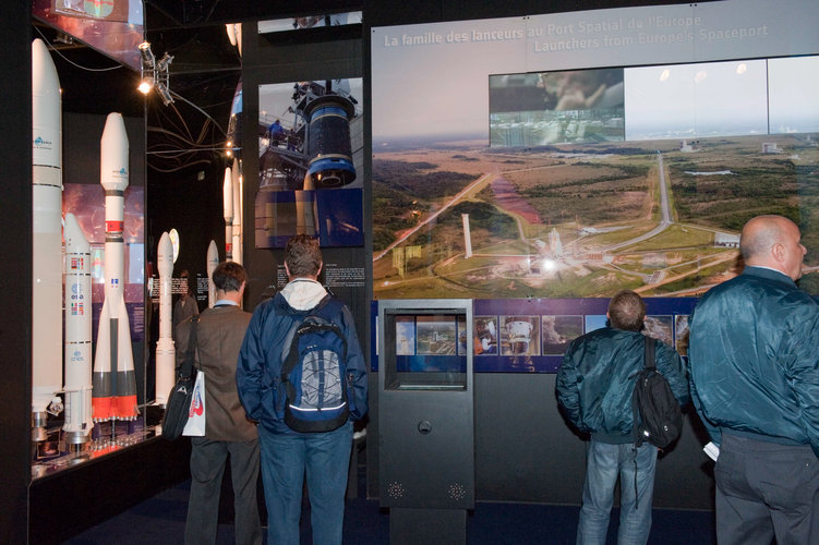 Interior view of the ESA Pavilion, launchers from Europe's spaceport