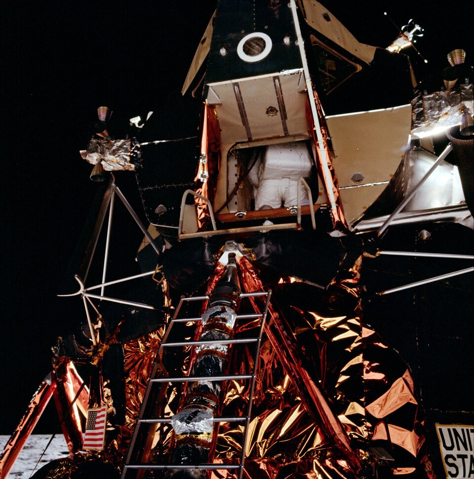 Aldrin backs out of the Lunar Module