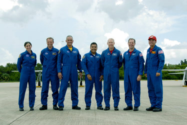 STS-128 arrive at NASA's Kennedy Space Center for launch dress rehearsal