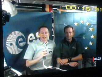 ESA astronauts Christer Fuglesang and Frank De Winne participate in a television interview