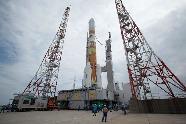 The H-IIB rocket with the HTV spacecraft at the launch site at Tanegashima in Japan