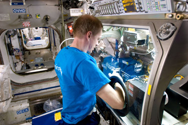 Frank De Winne works with experiment hardware inside the Microgravity Science Glovebox