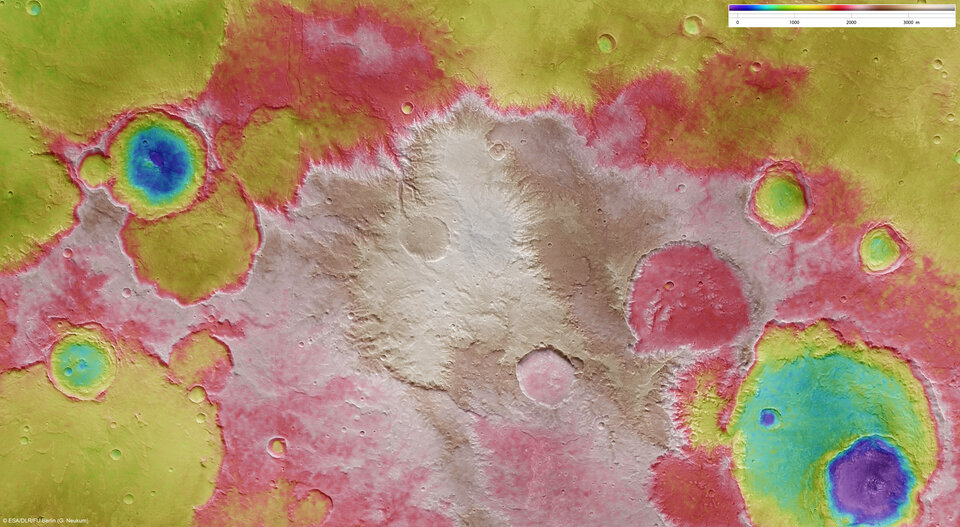 Elevation of the Sirenum Fossae region in the Southern Highlands of Mars.