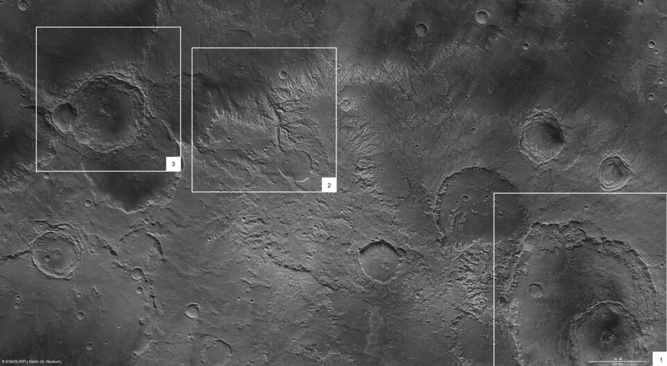 Notable features in the Sirenum Fossae region of Mars.
