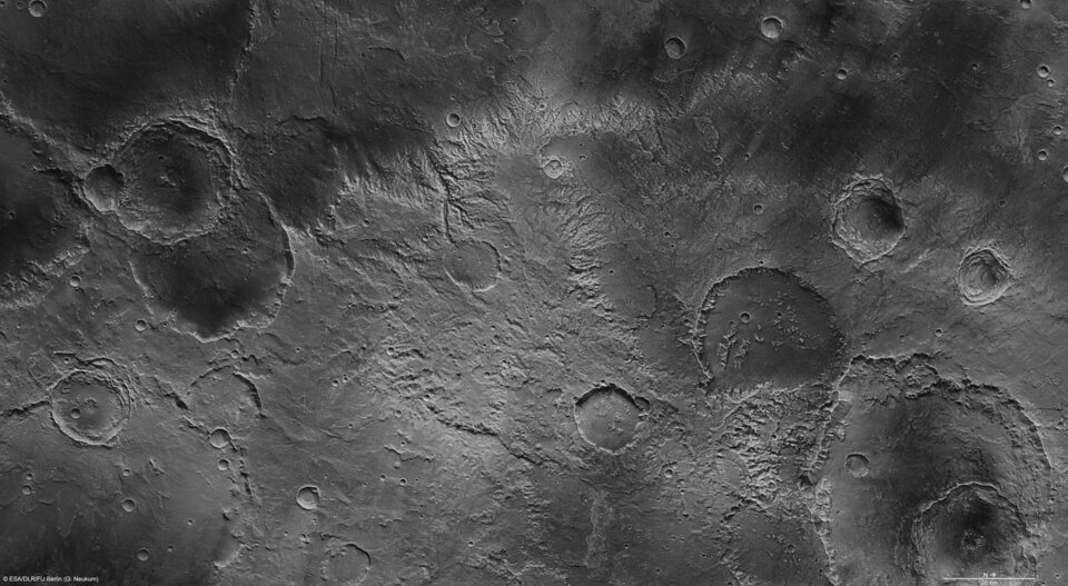 Part of the Sirenum Fossae region in high resolution.