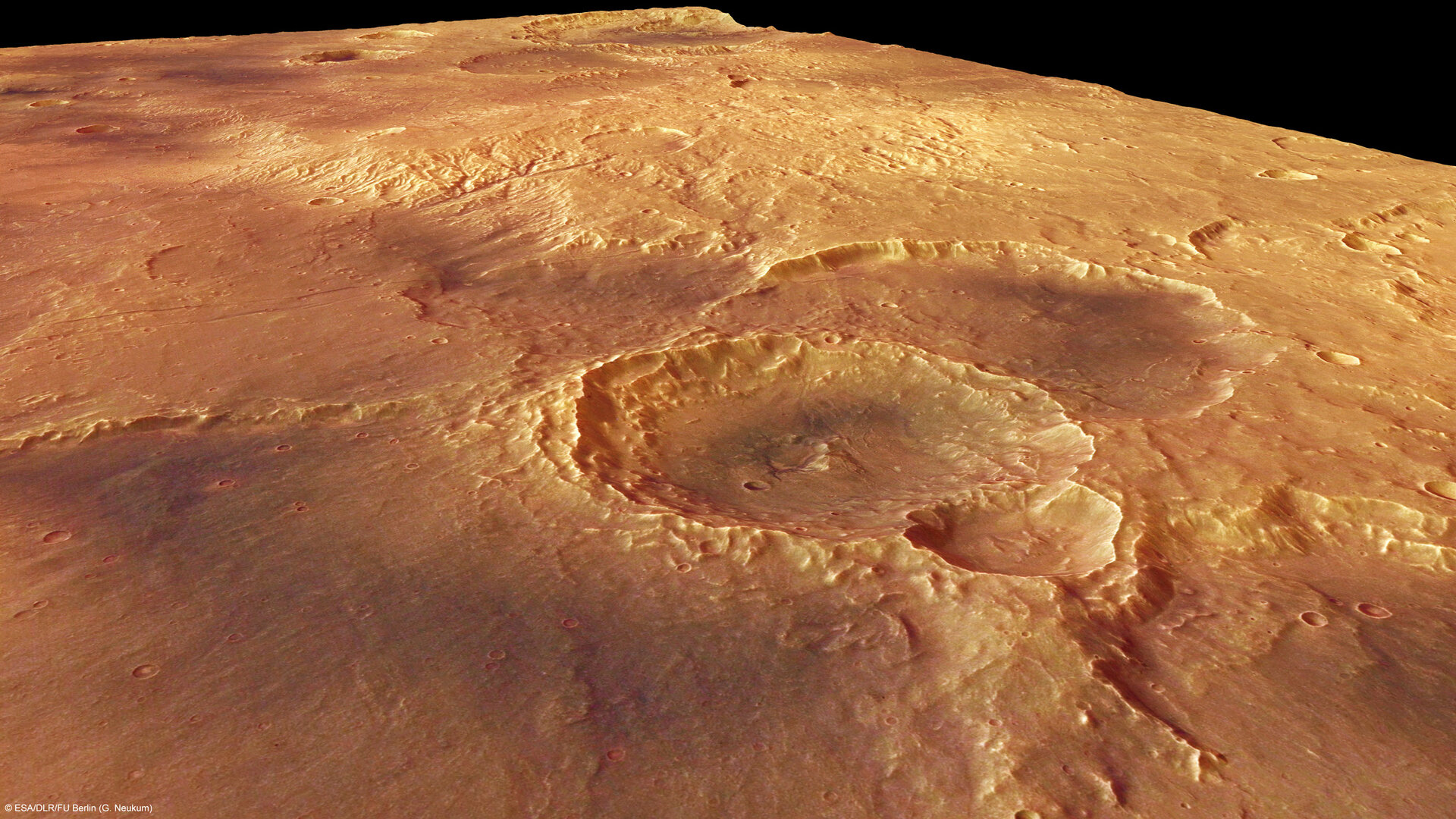 Perspective view of craters in the Sirenum Fossae region of Mars.