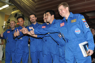 Mars500 crew celebrating prior entry to the modules