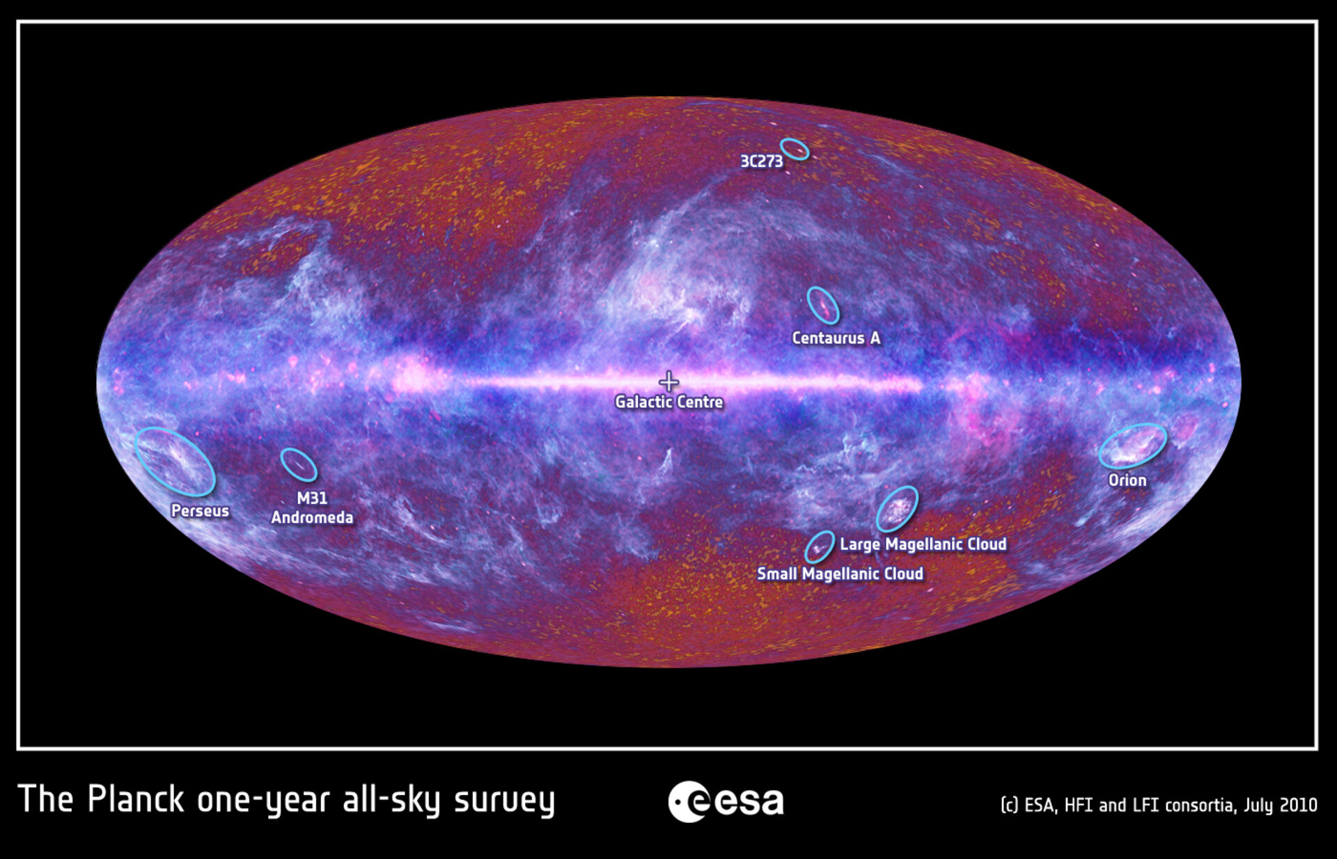 The microwave sky as seen by Planck with objects labeled