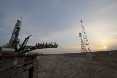 The Soyuz launcher is erected on the launch pad