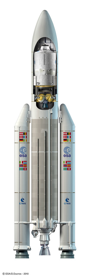 Artist's view of ESA's ATV Johannes Kepler under the payload fairing of an Ariane 5 launcher