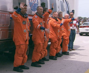 STS-134 crew walkout for launch that was scrubbed on 29 April