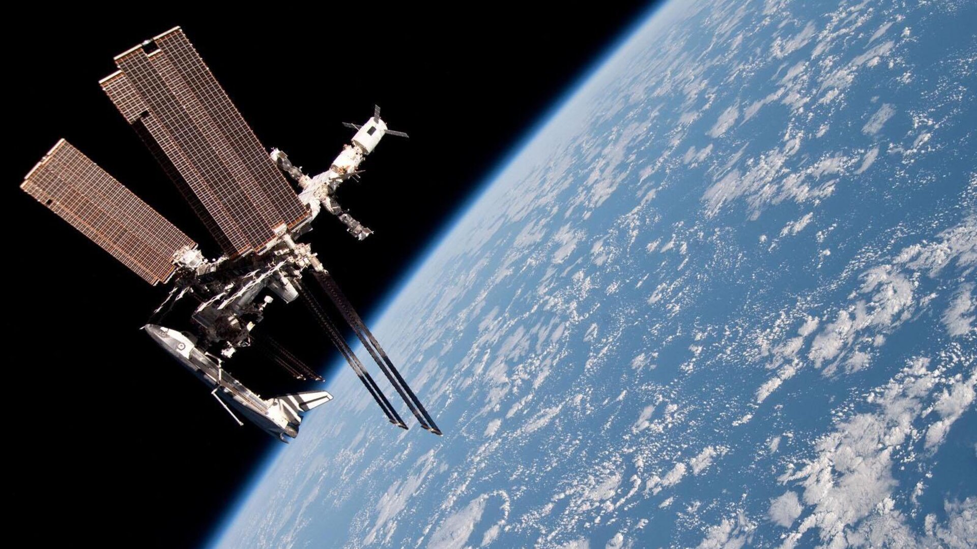 International Space Station with docked ATV, Soyuz and Space Shuttle