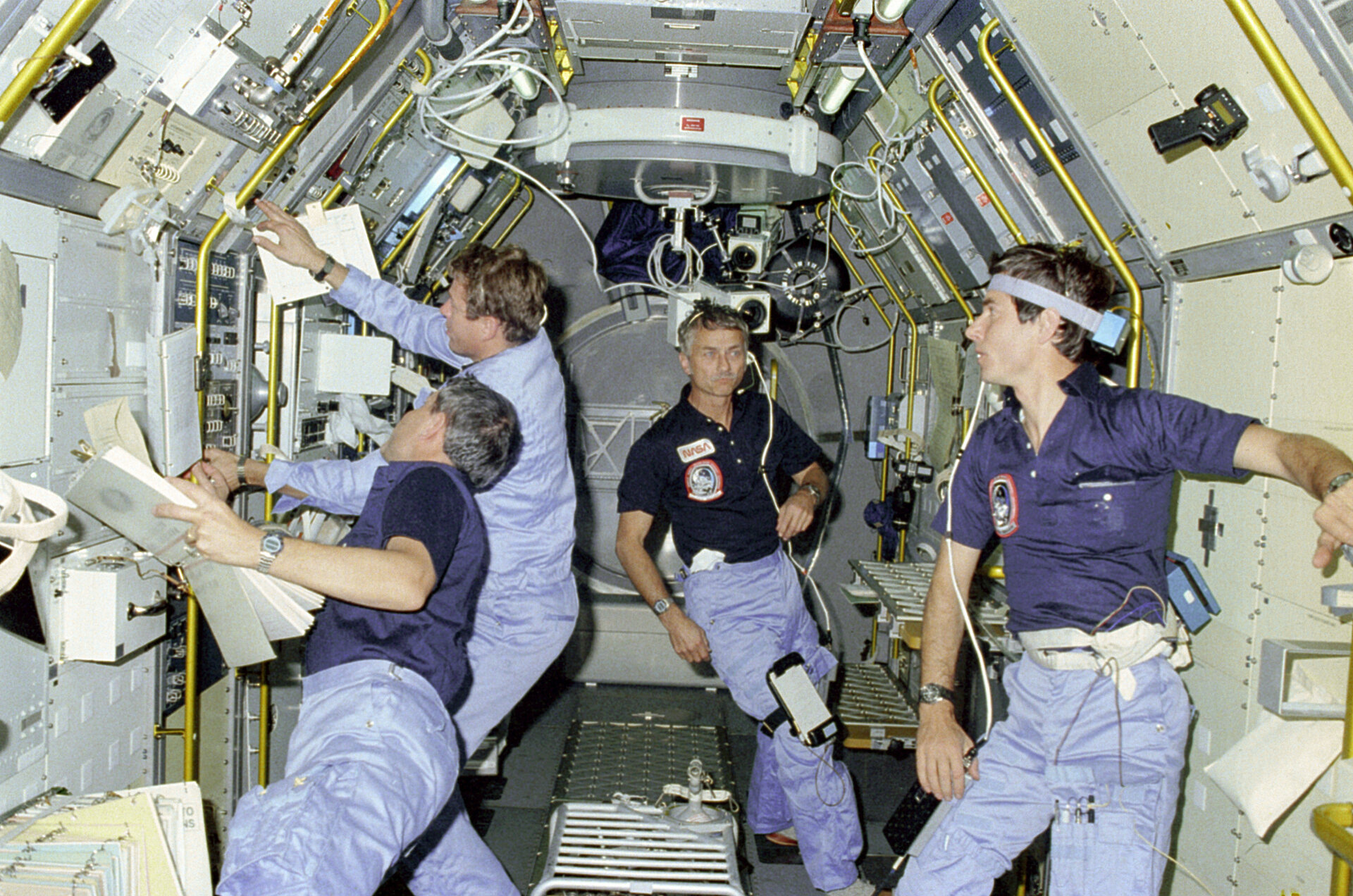 Working inside Spacelab on STS-9