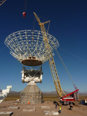 Lifting the huge DSA-3 antenna dish into place