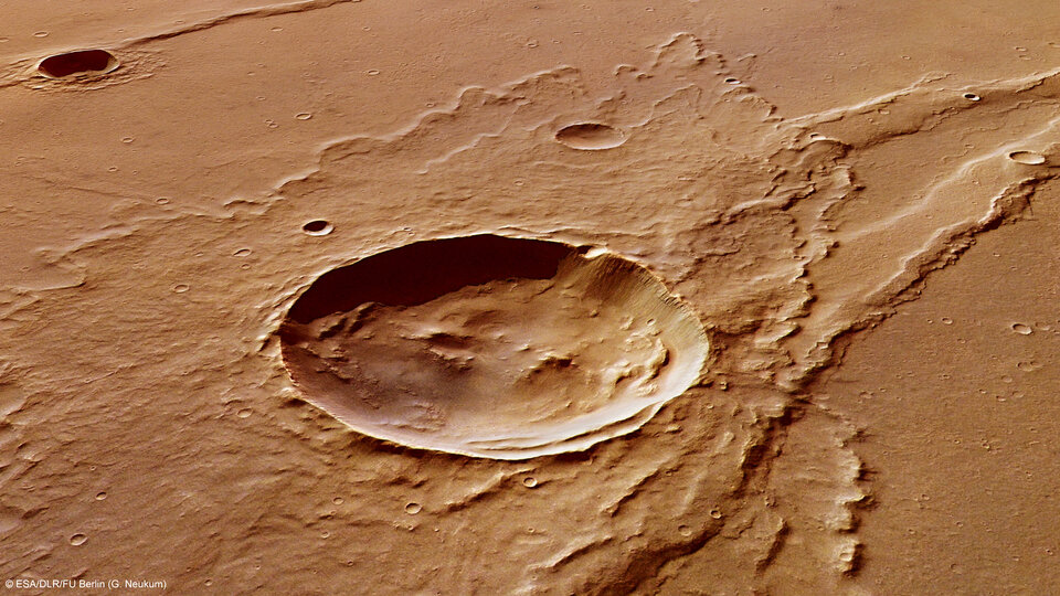 Melas Dorsa impact crater perspective view