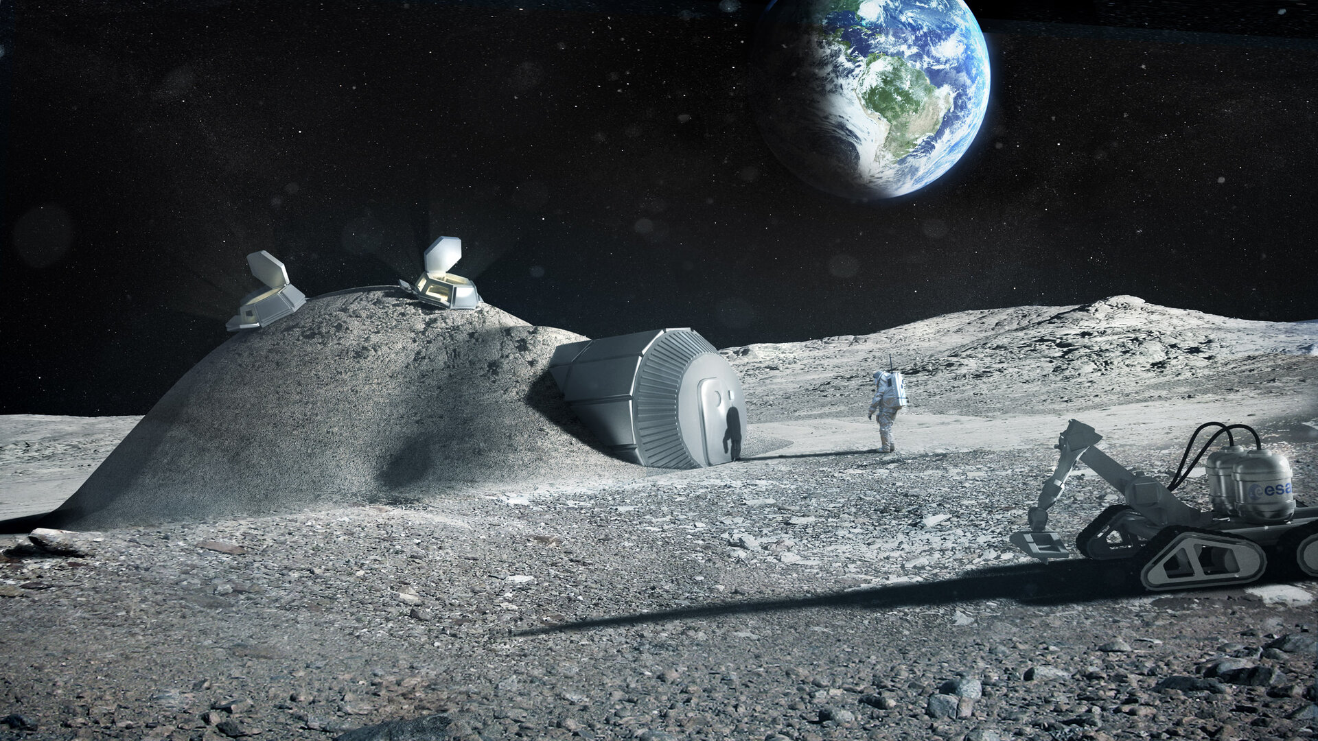 Vue d'artiste de base lunaire construite en impression 3D