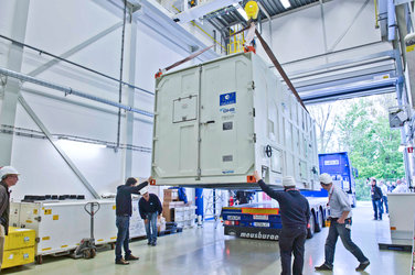 First Galileo FOC satellite arrives at ESTEC for space testing.