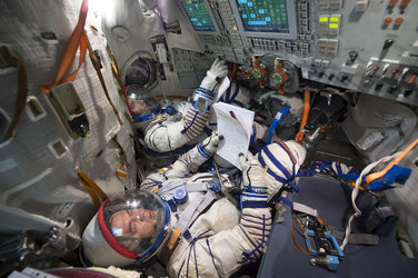 Thomas and Oleg  during training in the Soyuz TMA simulator