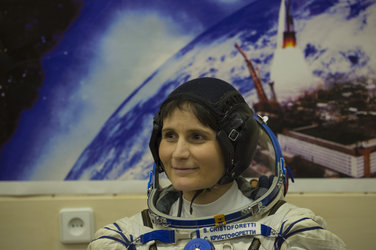 Samantha Cristoforetti dressed in her Russian Sokol suit