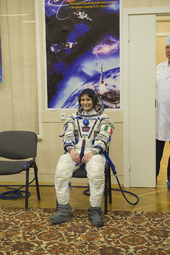Samantha Cristoforetti dressed in her Russian Sokol suit