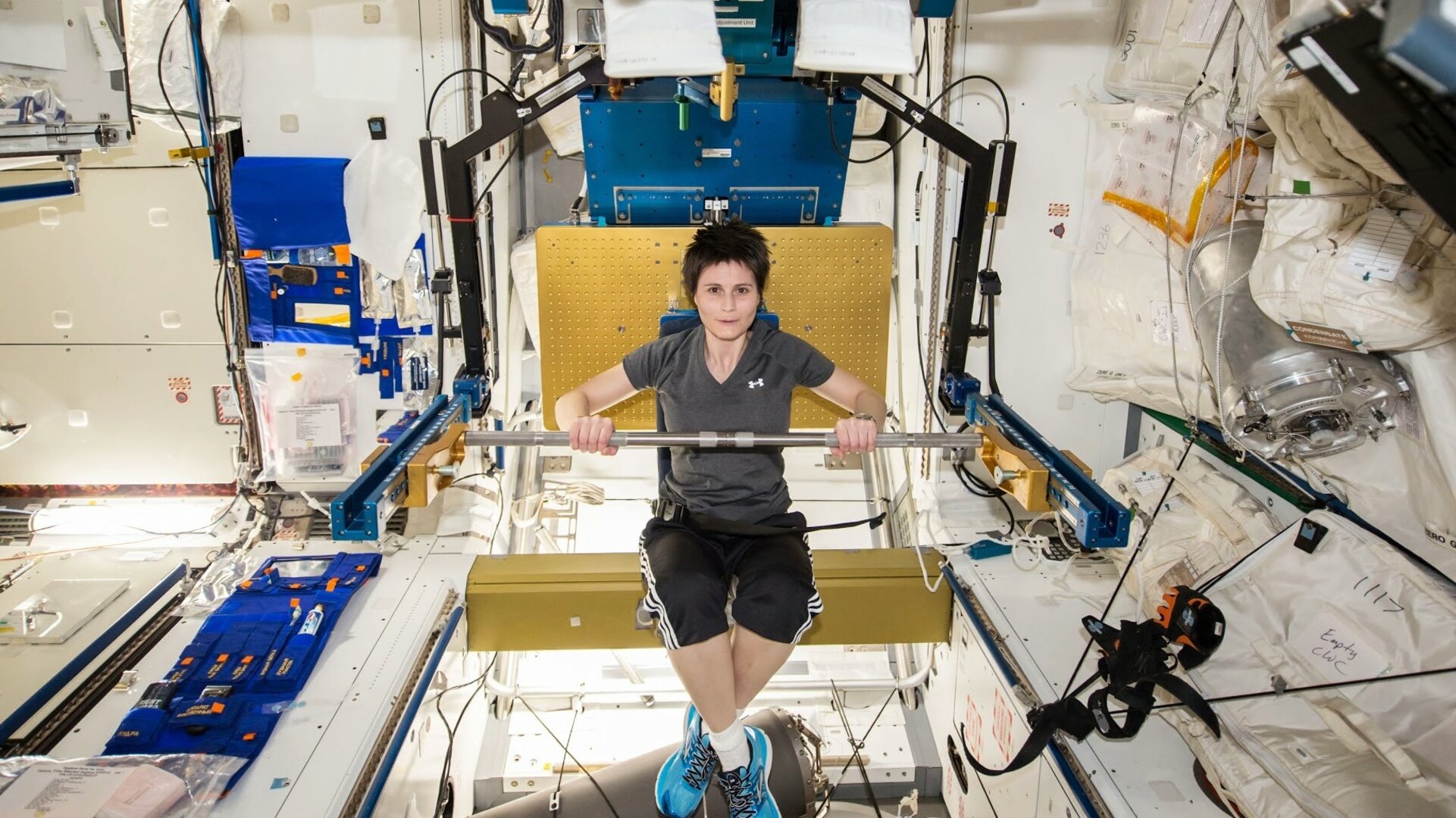 ESA astronaut Samantha Cristoforetti exercises on the International Space Station