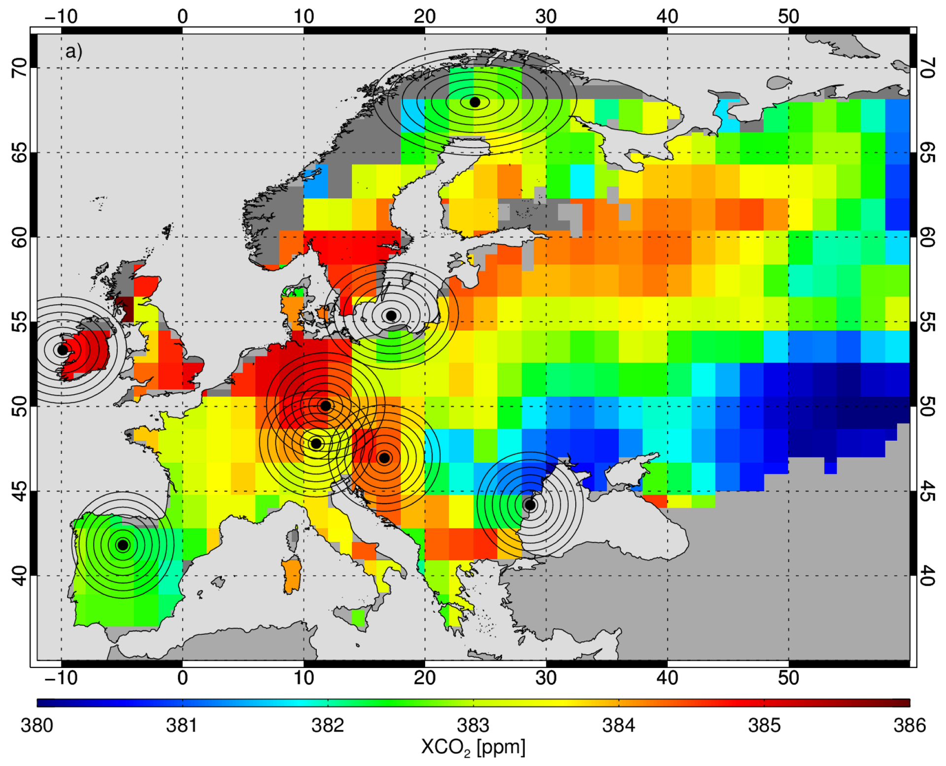 Average satellite carbon dioxide concentrations over Europe 