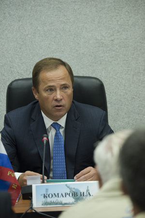 Igor Komarov during the State Commission meeting to approve the Soyuz launch