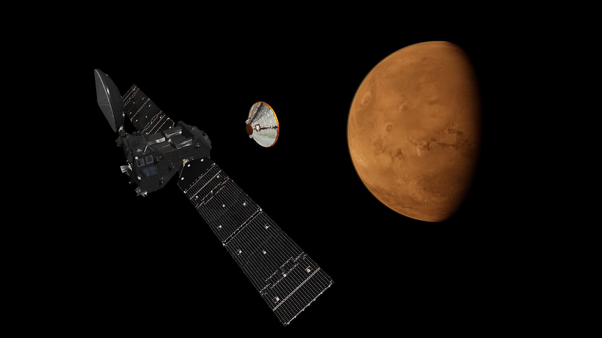 Drei Tage vor der Ankunft beim Mars: Von der Muttersonde Trace Gas Orbiter (TGO) trennt sich das Landemodul Schiaparelli und fliegt autonom zum Roten Planeten