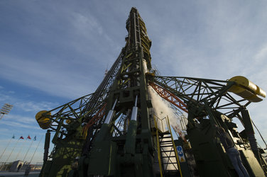 Soyuz stands ready at the launchpad